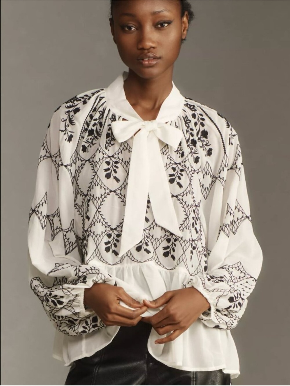 Anthropologie White Black Embroidered Tie Neck Peplum Blouse Size M